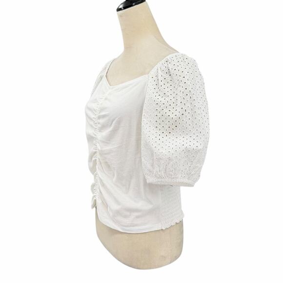 Gap NWT Sz L Crisp White Knit Eyelet Puff Sleeve Smocked Cropped Peasant Top - Picture 3 of 13
